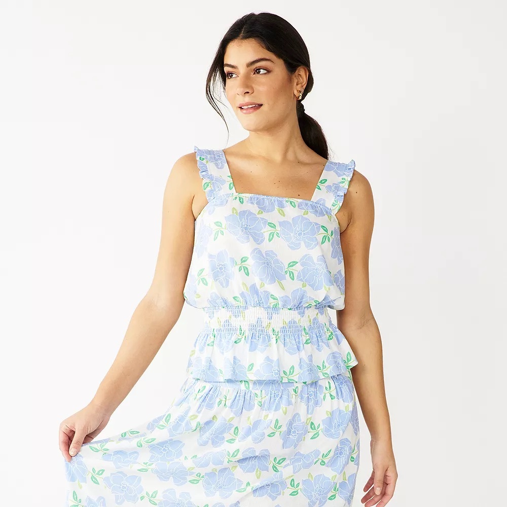 Draper James Light Blue Floral Ruffle Linen Tank Top - Picture 2 of 4